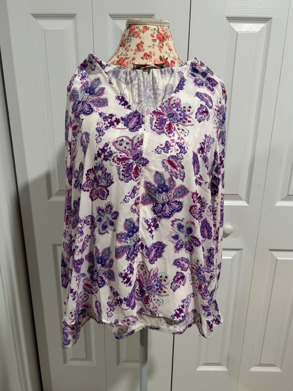 LOFT White Blouse with Purple Floral Print